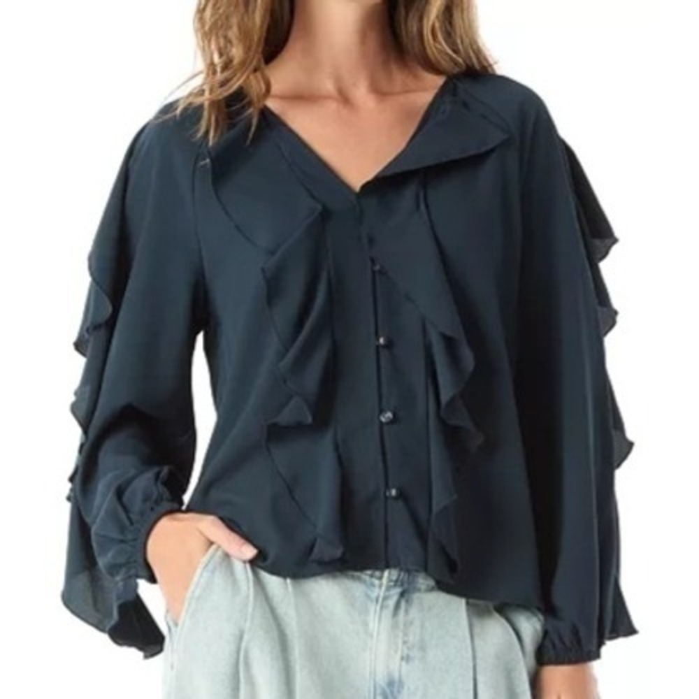 Dee Ocleppo Elysia Ruffle V Neck Button Up Navy Blouse Womens Size XL NWT